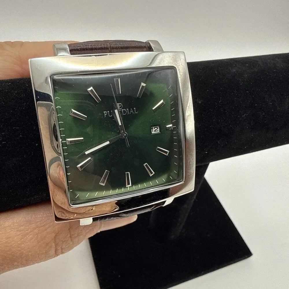 Puredial Square Legacy 1860s Style Mens Stainless Steel Watch Brown Leather Band